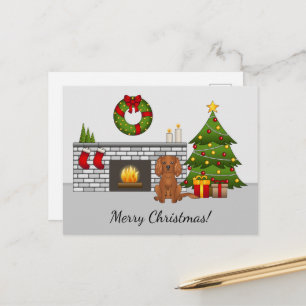 Ruby Cavalier Dog in einem Weihnachtszimmer & Text Postkarte