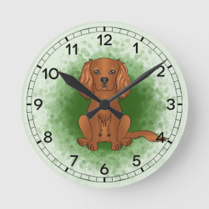 Ruby Cavalier King Charles Spaniel Dog On Green Runde Wanduhr