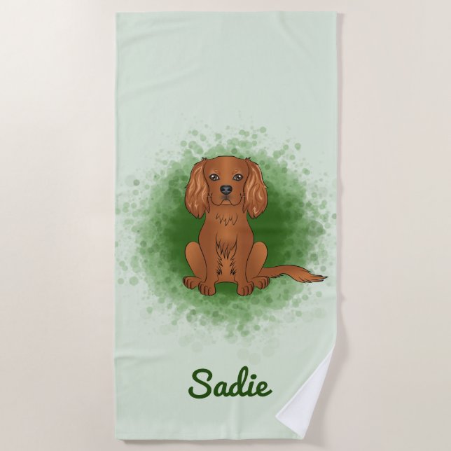 Ruby Cavalier King Charles Spaniel Dog On Green Strandtuch (Vorderseite)