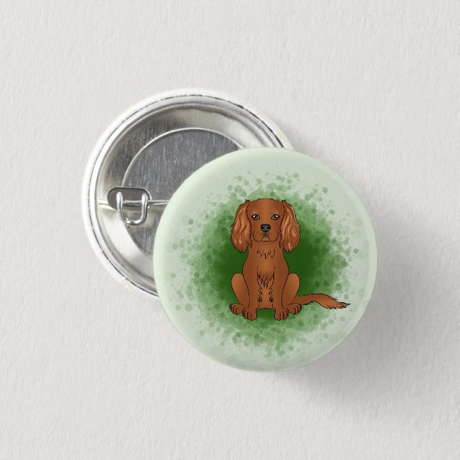 Ruby Cavalier King Charles Spaniel Hund auf Grün Button (Vorne & Hinten)