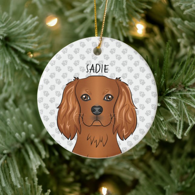 Ruby Cavalier King Charles Spaniel Kopf & Name Keramik Ornament (Baum)