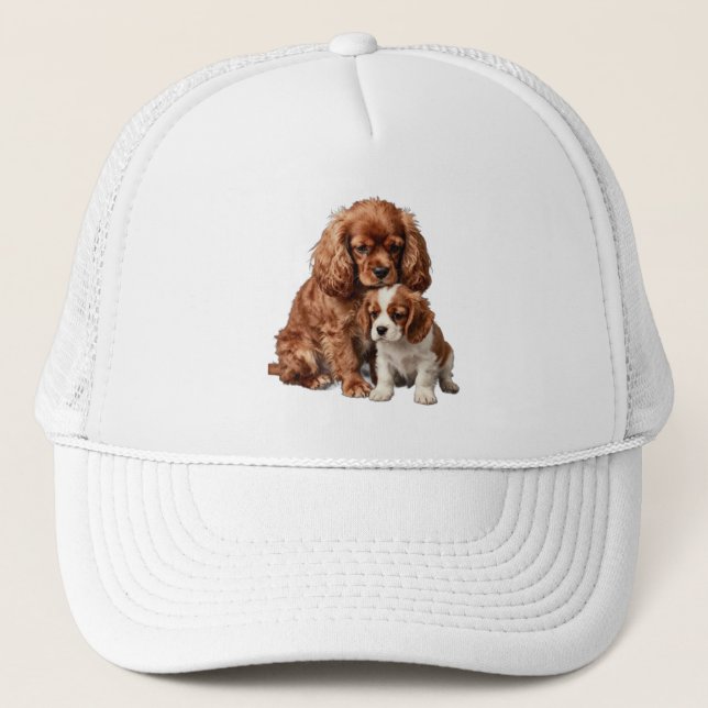 Ruby Cavalier Spaniel und ihr Blenheim-Welpe Truckerkappe (Vorderseite)