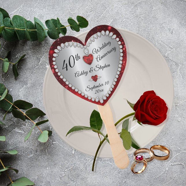 Ruby Diamonds zum 40. Geburtstag der Hochzeit Fächer (40th Wedding Anniversary Faux Ruby and Diamonds Keepsake Favor Hand Fan)