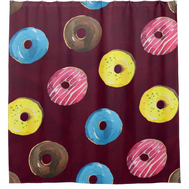 Ruby Donuts: Aquarellfarbenes, nahtloses Muster. Duschvorhang (Vorderseite)