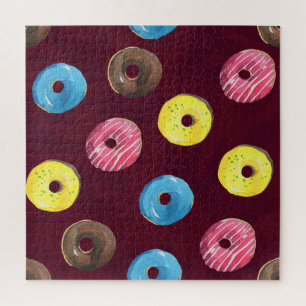 Ruby Donuts: Aquarellfarbenes, nahtloses Muster. Puzzle