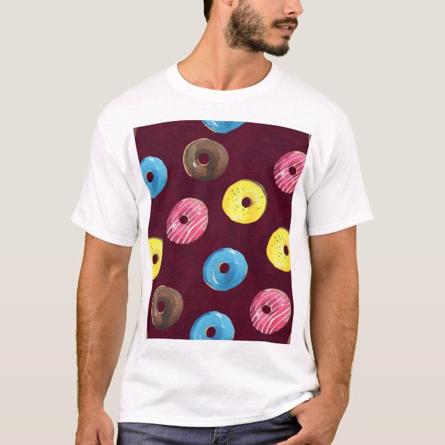 Ruby Donuts: Aquarellfarbenes, nahtloses Muster. T-Shirt (Vorderseite)