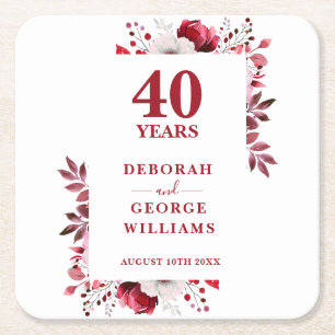 Ruby Elegant Floral 40. Hochzeitstag Rechteckiger Pappuntersetzer