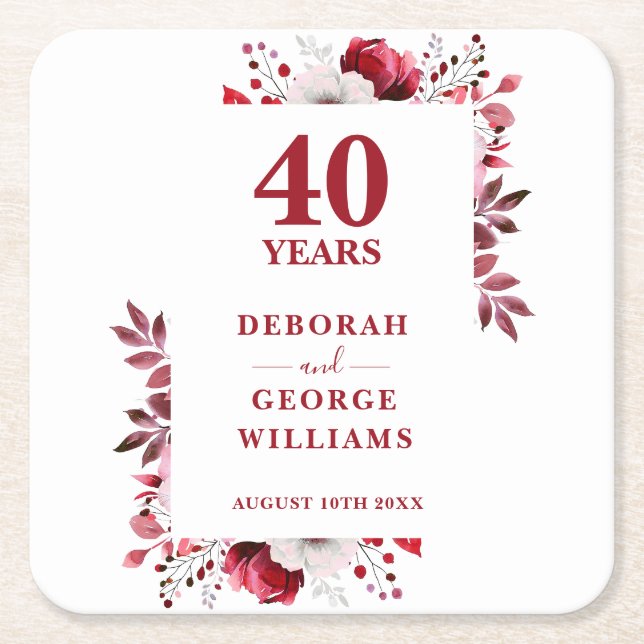 Ruby Elegant Floral 40. Hochzeitstag Rechteckiger Pappuntersetzer (Vorderseite)