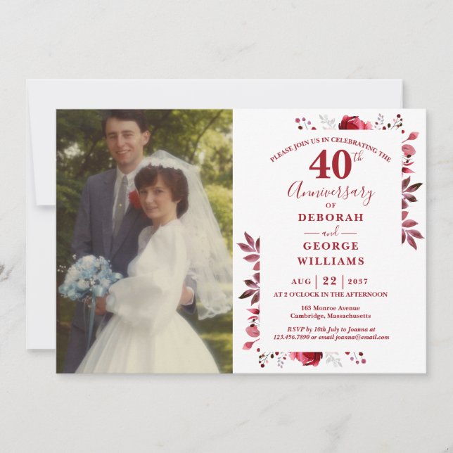 Ruby Floral 40 Jahre Hochzeitstag Foto Einladung (Vorderseite)