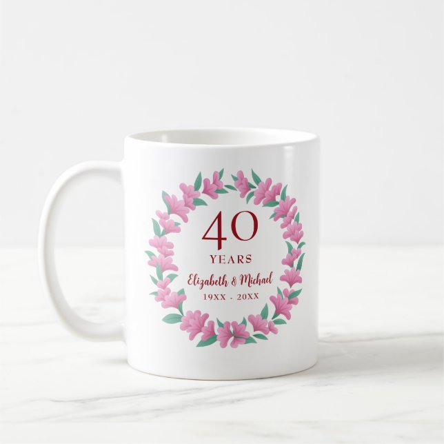 Ruby Floral Pink Blume Wreath zum 40. Jubiläum Kaffeetasse (Links)