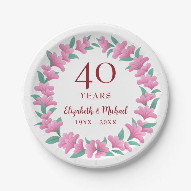 Ruby Floral Pink Blume zum 40. Jubiläum Kranz Pappteller (Vorderseite)