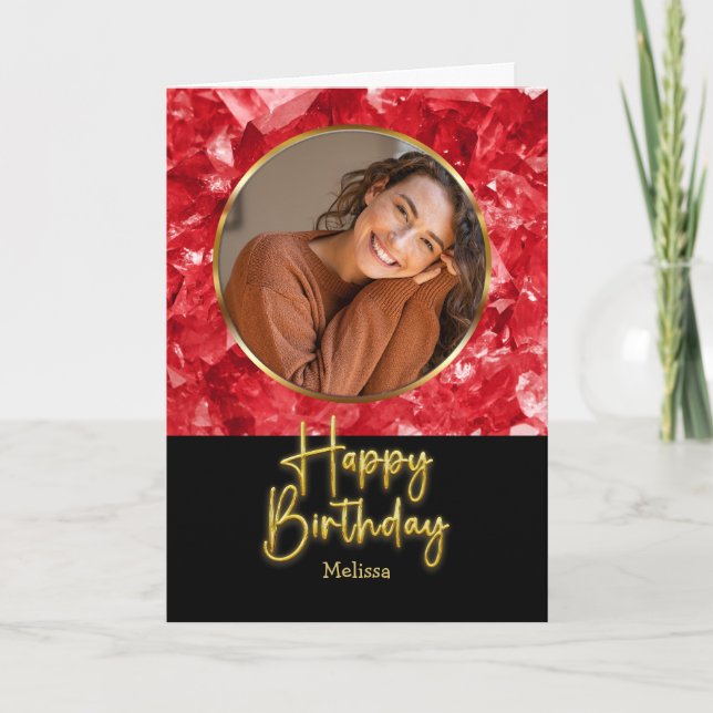 Ruby Geburtsstein Gold Schrift Foto Geburtstag Karte (Vorderseite)