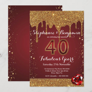 Ruby Gold Glitzer Tropfen zum 40. Hochzeitstag Einladung
