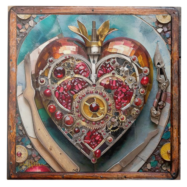 Ruby Granatapfel-Herz Steampunk-Serie Fliese (Vorderseite)