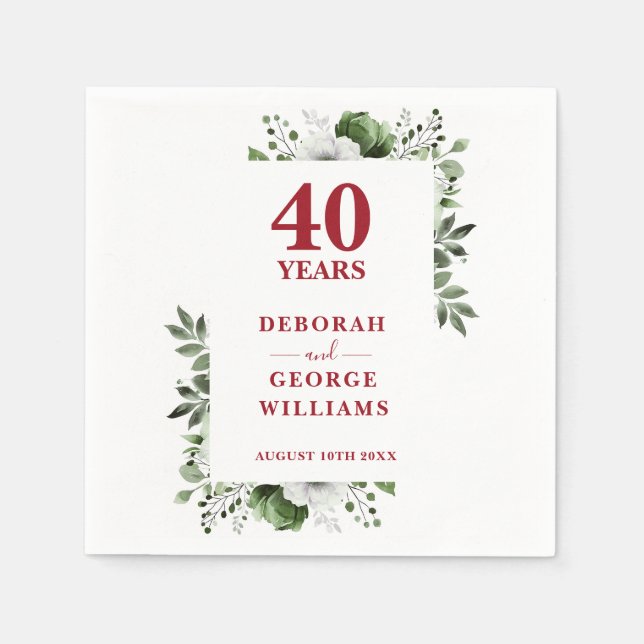 Ruby Greenery Floral 40. Hochzeitstag Serviette (Vorderseite)