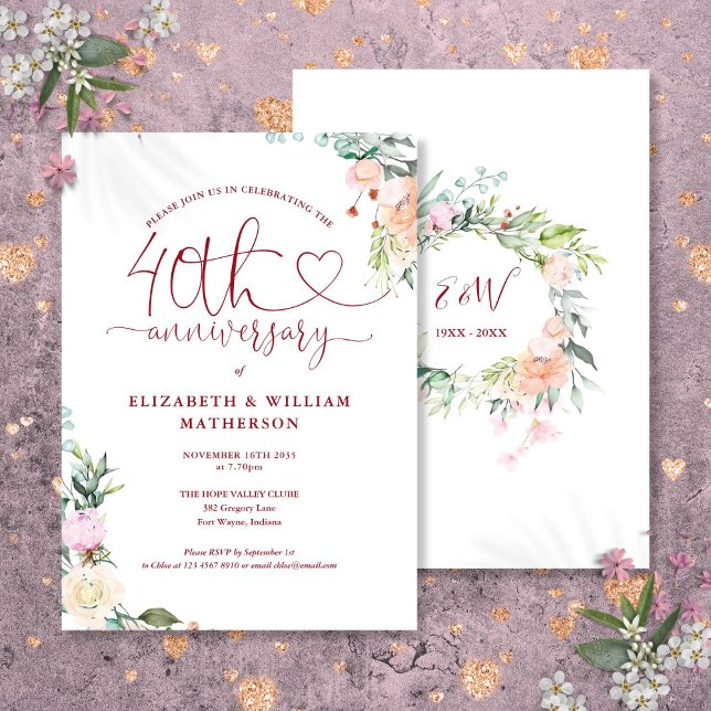 Ruby Heart Floral Monogram zum 40. Jubiläum Einladung (40th Anniversary Ruby Heart Floral Monogram Invitation)