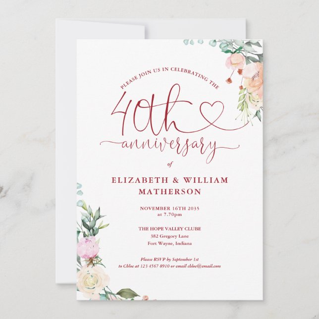 Ruby Heart Floral Monogram zum 40. Jubiläum Einladung (Vorderseite)