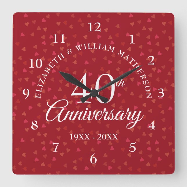 Ruby Hearts zum 40. Jahrestag Quadratische Wanduhr (Vorderseite)