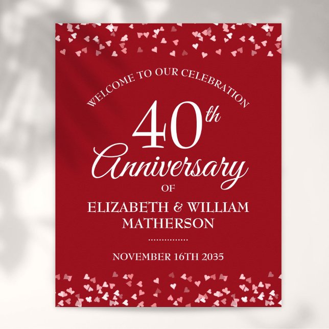 Ruby Liebe zum 40. Jubiläum Hört Begrüßungszeichen Poster (40th Anniversary Ruby Love Hearts Welcome Sign)