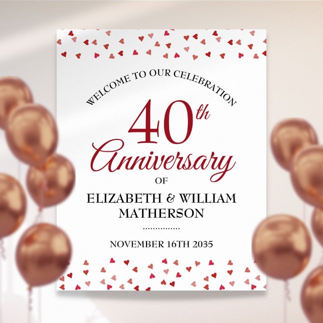Ruby Liebe zum 40. Jubiläum Hört Begrüßungszeichen Poster (40th Anniversary Ruby Love Hearts Welcome Sign)
