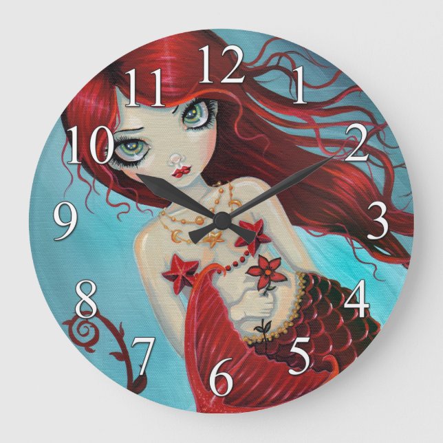 Ruby Mermaid Fantasy Art Clock Große Wanduhr (Vorderseite)