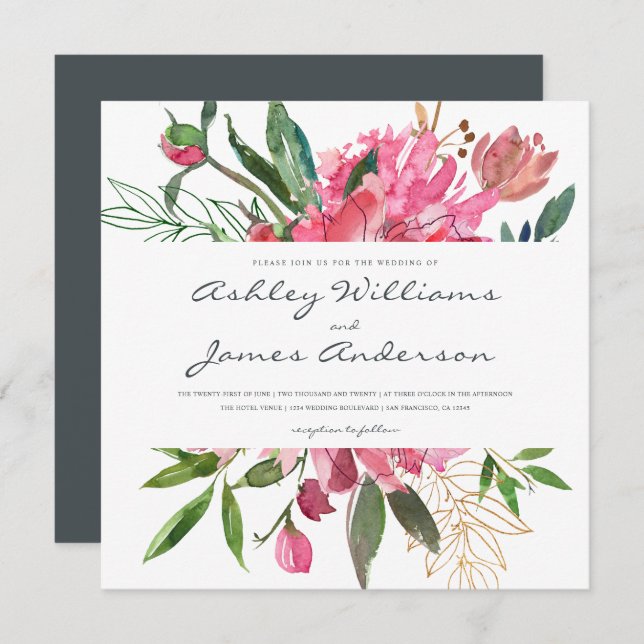 Ruby Peony Floral Wedding Einladung | Platz (Vorne/Hinten)