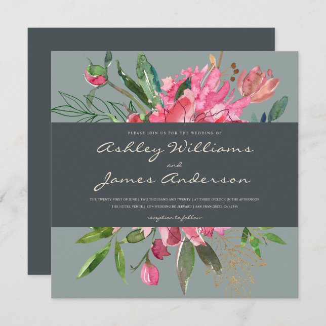 Ruby Peony Floral Wedding Einladung | Platz (Vorne/Hinten)