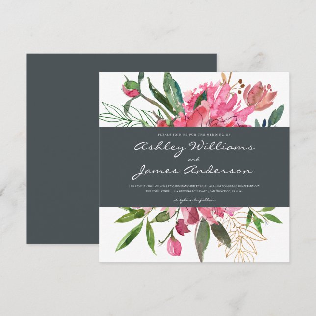 Ruby Peony Floral Wedding Einladung | Platz (Vorne/Hinten)