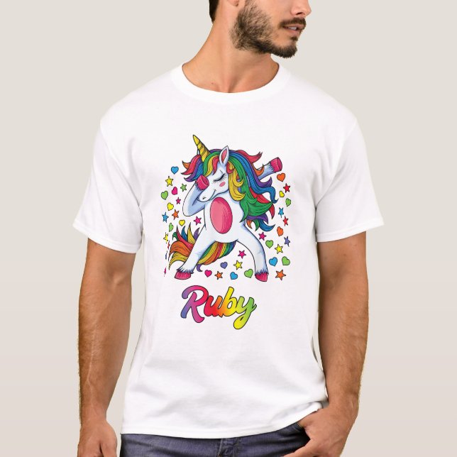 Ruby Personalisierter Name Einhorn Mädchen Geschen T-Shirt (Vorderseite)