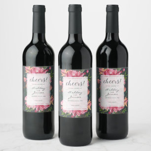 Ruby Pink Peony Botanical Cheers Wedding Weinetikett