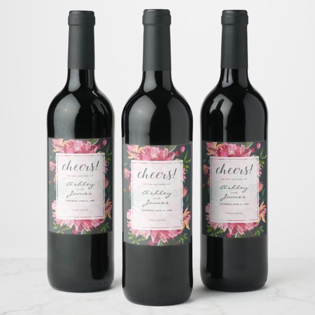 Ruby Pink Peony Botanical Cheers Wedding Weinetikett (Flaschen)