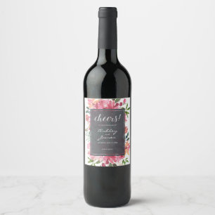 Ruby Pink Peony Botanical Cheers Wedding Weinetikett
