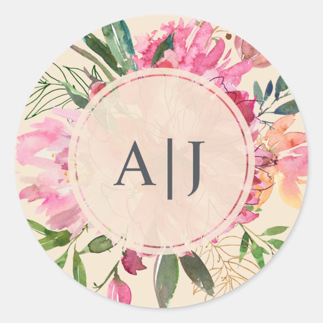 Ruby Pink Peony Botanical Monogram Wedding Runder Aufkleber (Vorderseite)