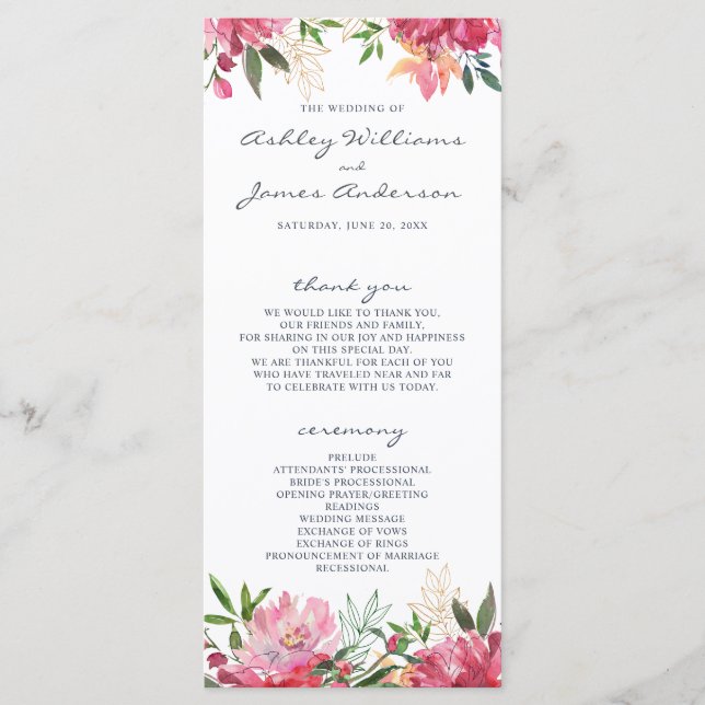 Ruby Pink Peony Botanical Wedding Programm (Vorderseite)