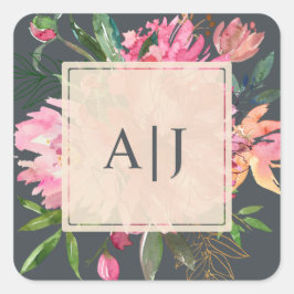 Ruby Pink Peony Floral Botangram Quadratischer Aufkleber