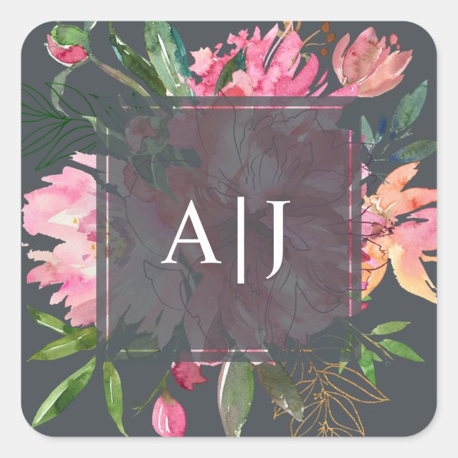 Ruby Pink Peony Floral Botangram Quadratischer Aufkleber (Vorderseite)