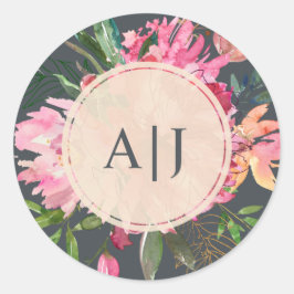 Ruby Pink Peony Floral Botangram Runder Aufkleber