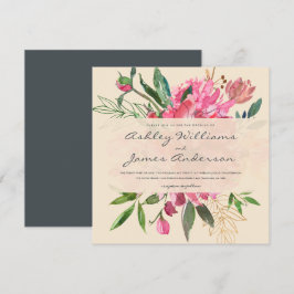 Ruby Pink Peony Floral Bouquet Ivory Wedding Einladung