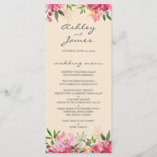 Ruby Pink Peony Floral Ivory Wedding Menükarte