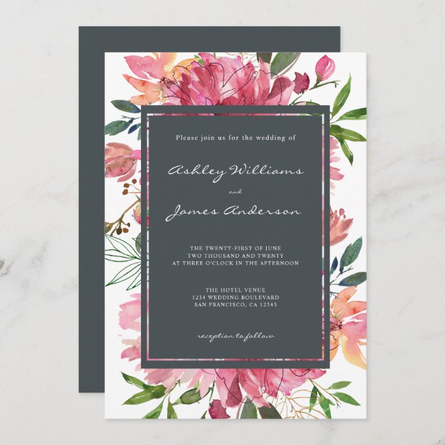 Ruby Pink Peony Floral Wedding Einladung (Vorne/Hinten)