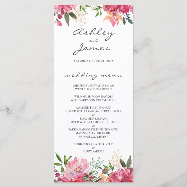 Ruby Pink Peony Floral Wedding Menu Menükarte (Vorderseite)