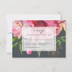 Ruby Pink Peony Floral Wedding RSVP Karte