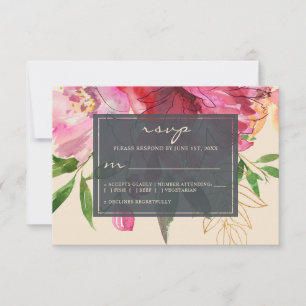 Ruby Pink Peony Ivory Floral Wedding RSVP Karte