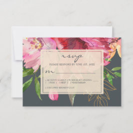 Ruby Pink Peony Ivory Floral Wedding RSVP Karte