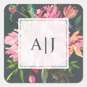 Ruby Pink Pfingstrose Florale Botanische Monogramm Quadratischer Aufkleber