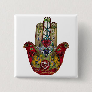 Ruby Pomegranate Heart Red Bird Hamsa Button