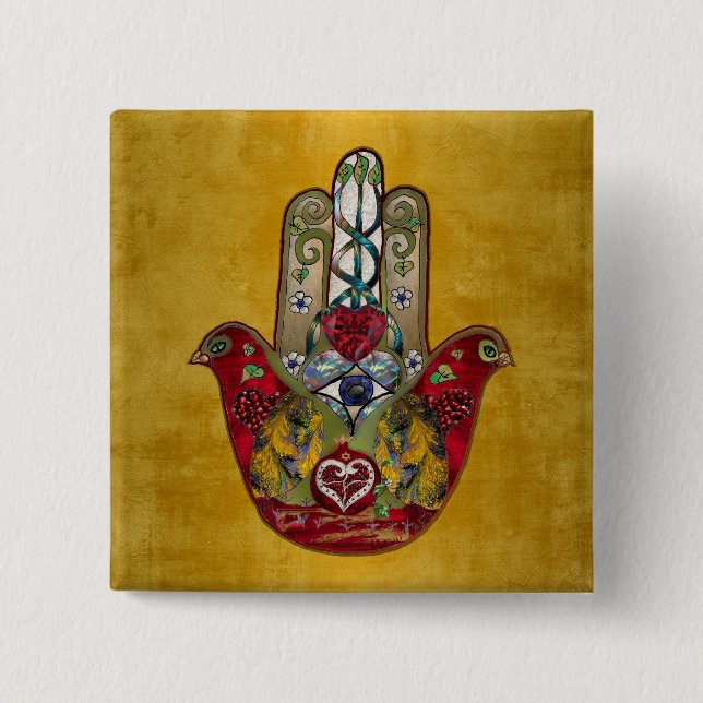 Ruby Pomegranate Heart Red Bird Hamsa Button (Vorderseite)