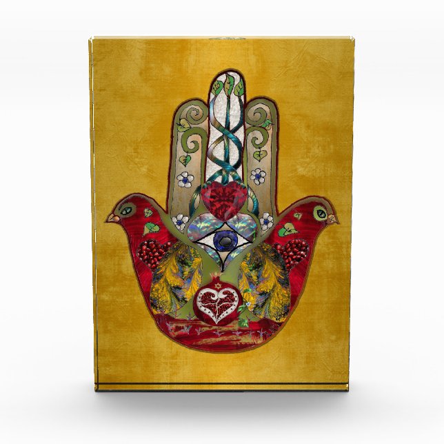 Ruby Pomegranate Heart Red Bird Hamsa Fotoblock (Vorderseite)