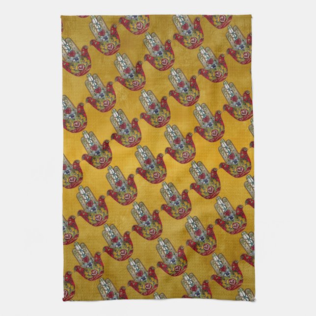 Ruby Pomegranate Heart Red Bird Hamsa Geschirrtuch (Vertikal)