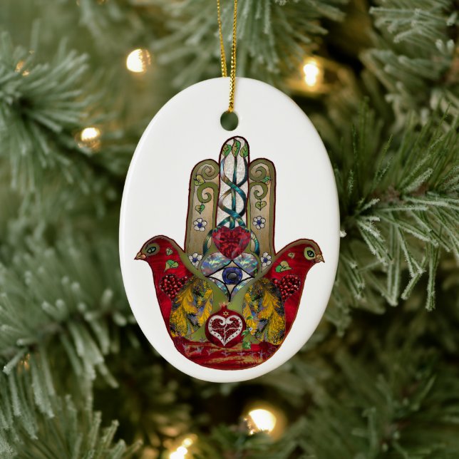Ruby Pomegranate Heart Red Bird Hamsa Keramik Ornament (Baum)